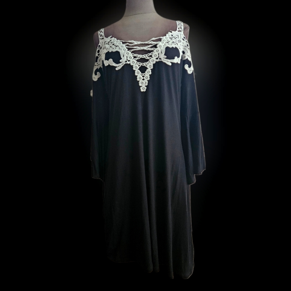 Never worn black with white lace open shoulder dress